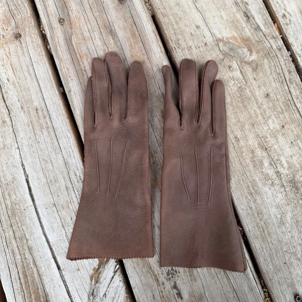 Vintage Brown Leather Opera Length Gloves MCM Point Sitch Details Sz XS/S